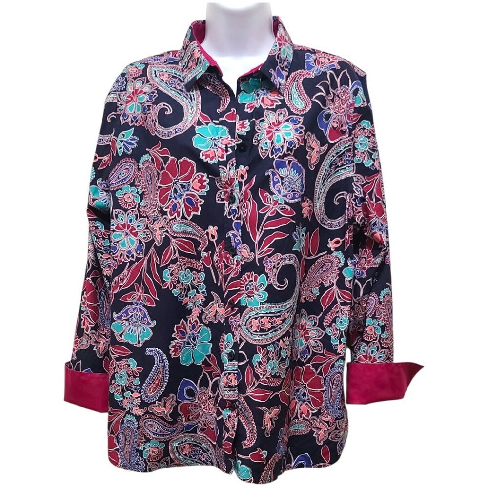 Chico's Paisley Print Blouse XL Non Iron Chic Stretch Flip Cuff Button Up